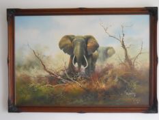 A Fabulous oil on board Picture of 2 large well tusked elephants by South African artist J Carley