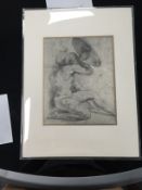 Mounted Lithographic print of drawing by Raphael entitled Two Naked Figures Crouching under a