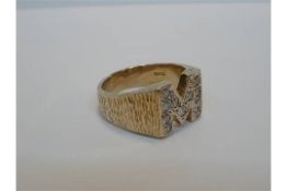 9 Carat Yellow Gold Chunky Diamond Set 'M' Ring with bark effect finish. Comprising of 11 x 2.1mm