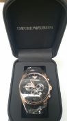 BRAND NEW EMPORIO ARMANI AR5905, GENTS SPORTIVO CHRONOGRAPH WATCH, ROSE GOLD WITH BROWN RUBBER