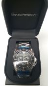 BRAND NEW EMPORIO ARMANI AR0585, GENTS CHRONOGRAPH WATCH, WITH POLISHED STAINLESS STEEL BRACELET AND