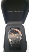 BRAND NEW EMPORIO ARMANI AR5878, GENTS SPORTIVO CHRONOGRAPH WATCH, WITH A BLACK RUBBER STRAP AND