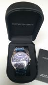 BRAND NEW EMPORIO ARMANI AR2448, GENTS POLISHED STAINLESS STEEL BRACELET WATCH WITH BLUE CIRCULAR