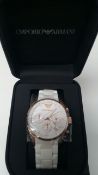 BRAND NEW EMPORIO ARMANI AR5920, LADIES SPORTIVO CHRONOGRAPH WATCH, ROSE GOLD WITH WHITE RUBBER OVER