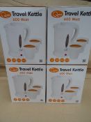 4 x Quest Travel Kettles. 600 Watt. 0.5 Litre. Includes 2 cups, dual voltage, indicator light. Brand
