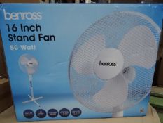 1 x Benross 16 Inch Stand Fan. 50 Watts. Easy to assemble, 3 button speed setting, adjustable