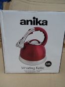 4 x Anika Whistling Kettles. Quality Stainless Steel, 3L capacity, easy grip heat resistand handles.