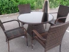 5 PIECE ZEBRANO PATIO / DINING SET MULTI BROWN ALL WEATHER RATTAN 4 X STACKING ARMED CHAIRS ROUND
