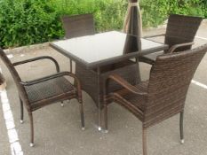 5 PIECE ZEBRANO PATIO / DINING SET MULTI BROWN ALL WEATHER RATTAN 4 X STACKING ARMED CHAIRS SQUARE