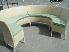 8FT CIRCULAR BENCH SET IN 4 SECTIONS, PROTOTYPE PIECE MULTI BEIGE RATTAN WITH PALE GREEN SEAT PADS