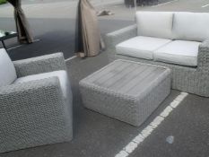 3 PIECE ALL WEATHER SOFA SET FULL ROUND ALL WEATHER MULTI GREY RATTAN CONTRASTING DEEP GREY CUSHIONS