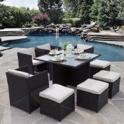 9 PIECE VERANO CUBE SET 4 X CHAIRS WITH GREY CUSHION 4 X LOW STOOLS WITH GREY CUSHIONS 1 X SQUARE