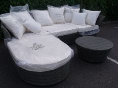 DAYBED / CORNER SOFA SET WITH TABLE MULTI HGREY ALL WEATHER PU RATTAN CREAM SEAT AND BACK CUSHIONS