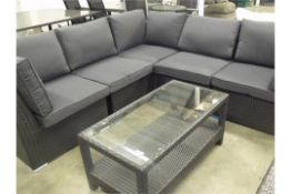 6 PIECE CORNER SOFA SET ALL BLACK PU RATTAN FULLY WELDED ALUMINIUM FRAMEWORK DEEP GREY/BLACK