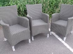 3 X GREY RATTAN ARMED CHAIRS ALL WEATHER PU RATTAN HALF ROUND WICKER SIZE 1100MM X 800MM X 800MM PER