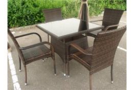 5 PIECE ZEBRANO PATIO / DINING SET MULTI BROWN ALL WEATHER RATTAN 4 X STACKING ARMED CHAIRS SQUARE