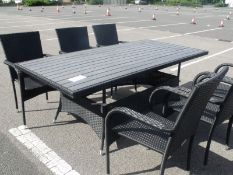 7 PIECE DINING SET WITH LARGE RECTANGULAR TABLE 6 X STACKING BLACK ALL WEATHER PU RATTAN CHAIRS 1