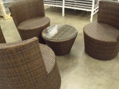 4 PIECE PATIO SET ZEBRANO PU ALL WEATHER RATTAN
3 CHAIRS & 1 COFFEE TABLE WITH TEMPERED GLASS TOP