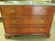 chest of drawers
dark wood finish inlaid with brass drop handles
green marble top
size width 900mm x