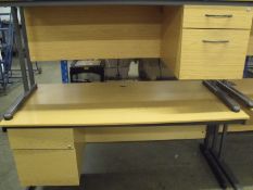 pair of office desks and operators chairs with burgundy tweed upholstery
1 left hand drawer , 1