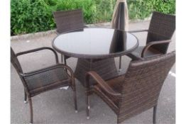 5 PIECE ZEBRANO PATIO / DINING SET MULTI BROWN ALL WEATHER RATTAN 4 X STACKING ARMED CHAIRS ROUND