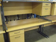 pair of office desks and operators chairs with burgundy tweed upholstery
1 left hand drawer , 1