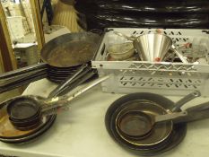 22 cast iron frying pans various sizes & basket of utensils