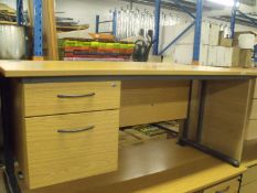 pair of office desks and operators chairs with burgundy tweed upholstery
1 left hand drawer , 1