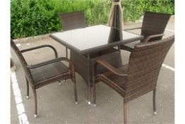 5 PIECE ZEBRANO PATIO / DINING SET MULTI BROWN ALL WEATHER RATTAN 4 X STACKING ARMED CHAIRS SQUARE
