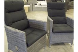 PAIR OF QUALITY MULTI POSITIONAL RECLINING ARM CHAIRS MULTI GREY ALL WEATHER PU RATTAN DEEP 1