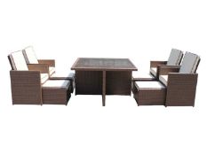 The Barcelona 9 Piece Rattan Garden Cube Set in chocolate mix with coffee cream cushions. The rattan