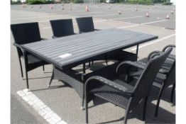 7 PIECE DINING SET WITH LARGE RECTANGULAR TABLE 6 X STACKING BLACK ALL WEATHER PU RATTAN CHAIRS 1