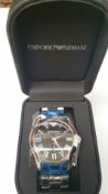BRAND NEW EMPORIO ARMANI AR0680, GENTS CHRONOGRAPH WATCH, POLISHED STAINLESS BRACELET WITH A BLACK