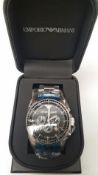 BRAND NEW EMPORIO ARMANI AR0585, GENTS CHRONOGRAPH WATCH, POLISHED STAINLESS BRACELET WITH A BLACK