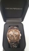 BRAND NEW EMPORIO ARMANI AR5890, GENTS SPORTIVO CHRONOGRAPH WATCH,ROSE GOLD WITH BROWN RUBBER OVER