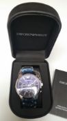 BRAND NEW EMPORIO ARMANI AR2448, GENTS CHRONOGRAPH WATCH, POLISHED STAINLESS BRACELET WITH A BLUE