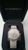 BRAND NEW EMPORIO ARMANI AR5919, GENTS SPORTIVO CHRONOGRAPH WATCH, ROSE GOLD WITH WHITE RUBBER
