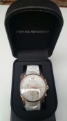 BRAND NEW EMPORIO ARMANI AR5919, GENTS SPORTIVO CHRONOGRAPH WATCH, ROSE GOLD WITH WHITE RUBBER
