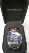 BRAND NEW EMPORIO ARMANI AR5860, GENTS CHRONOGRAPH WATCH, POLISHED STAINLESS BRACELET WITH A BLUE