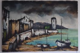 A Naturalist painting of a fishing port signed C.Sane, oil on canvas, approx 90cm x 60cm.