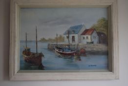 A truly magnificent detailed oil painting By G Fleming of an old fishing village. 80cm x 60cm