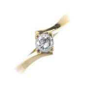 A diamond single-stone crossover ring. The brilliant-cut diamond, to the asymmetric shoulders.