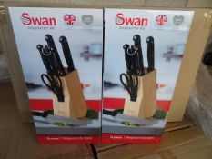6 x Swan 8 Piece Magnus Knife Blocks. Each includes: 1 x High quality wooden block, 1 x chefs knife,