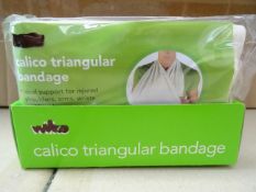 168 x Calico triangular bandges. Ideal support for injured shoulders, arms, wrists and hands.
