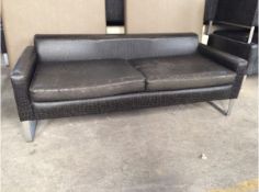 4 x SOFAS: CONTEMP STEEL FRAME &
BROWN LEATHER SEATS, WORN.
66CM HIGH X 80CM DEEP X 180CM LONG