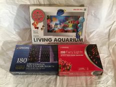 Joblot of 3 items – 180 LED Lights , 200 Fairy Colourful lights & Living Aquarium- ALL BOXED RRP £