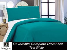 New Complete 4 Piece Double Bed Set Reversible Teal and White RRP £49.99
