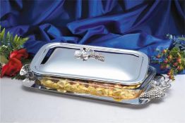 Silver Plated Rectangular Casserole Serving Dish - Grape Design - silverplated frame and lid with