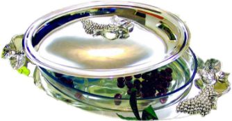 Silverplated Oval Casserole Serving Dish - Grape Design- silverplated frame and lid with removable