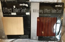 2 X ANIKA Wooden Toilet seats_ Brand New_ 1 x Mahogany & 1 x Pine effect- Chrome plated- quick and